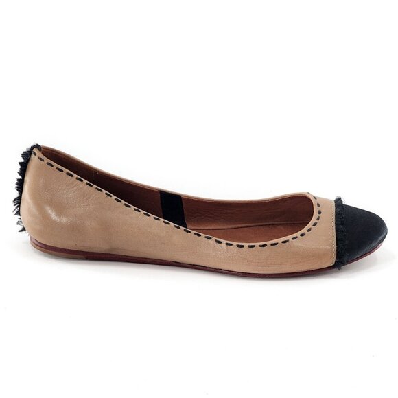 LEIFSDOTTIR NWOB Tan Black Leather Fringed Cap Toe Ballet Flats - Picture 4 of 7